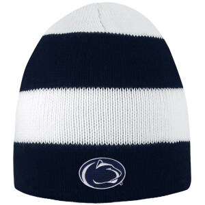 navy and white striped knit hat with stitched Penn State Athletic Logo